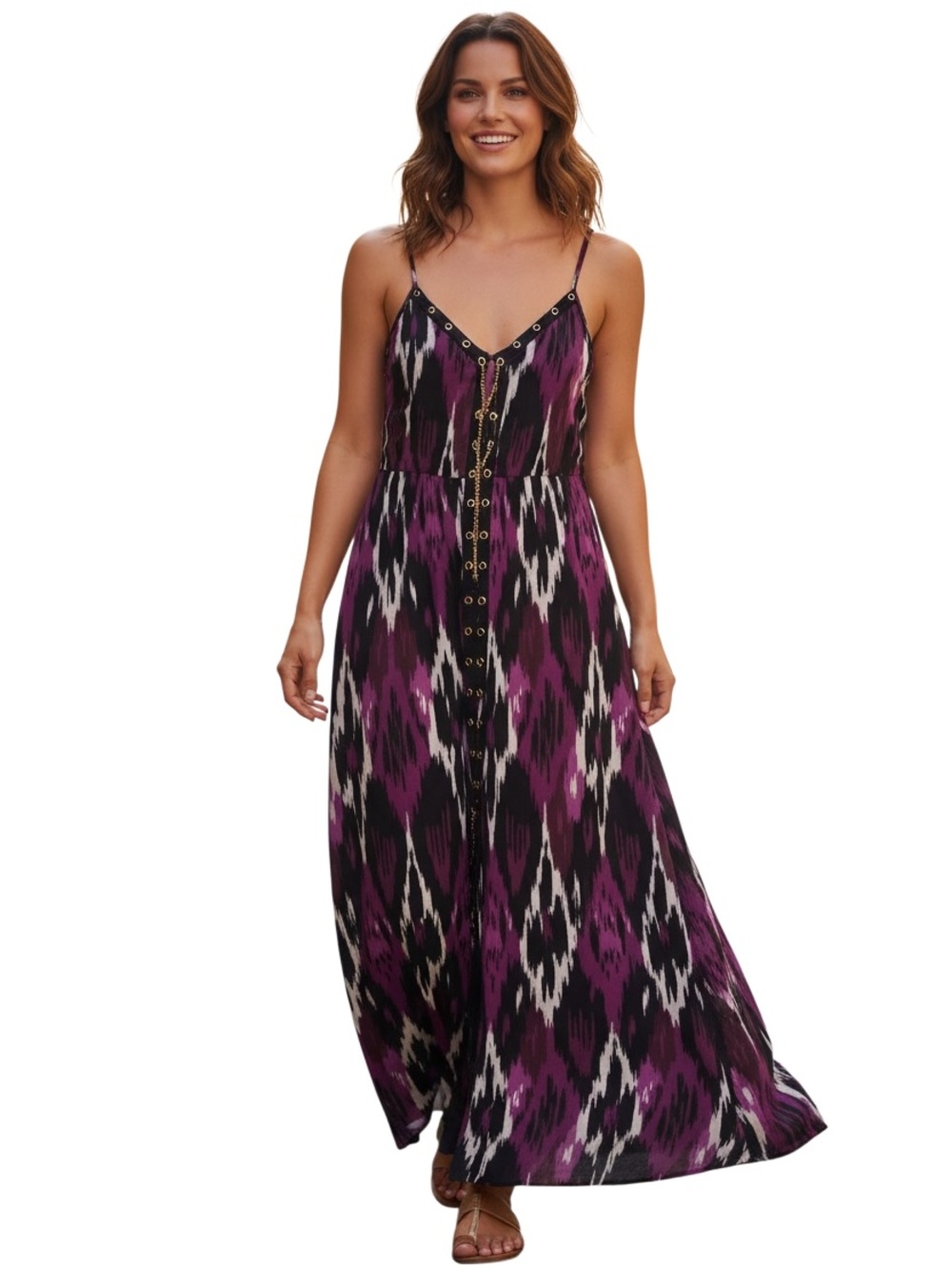 Michael Kors Abstract Design Maxi Dress with gold chains Size Small